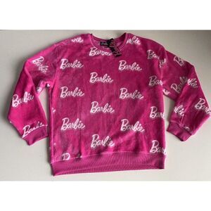 Barbie Pink Plush Fleece Sweatshirt Women's Size L Soft Logo All Over Crewneck
